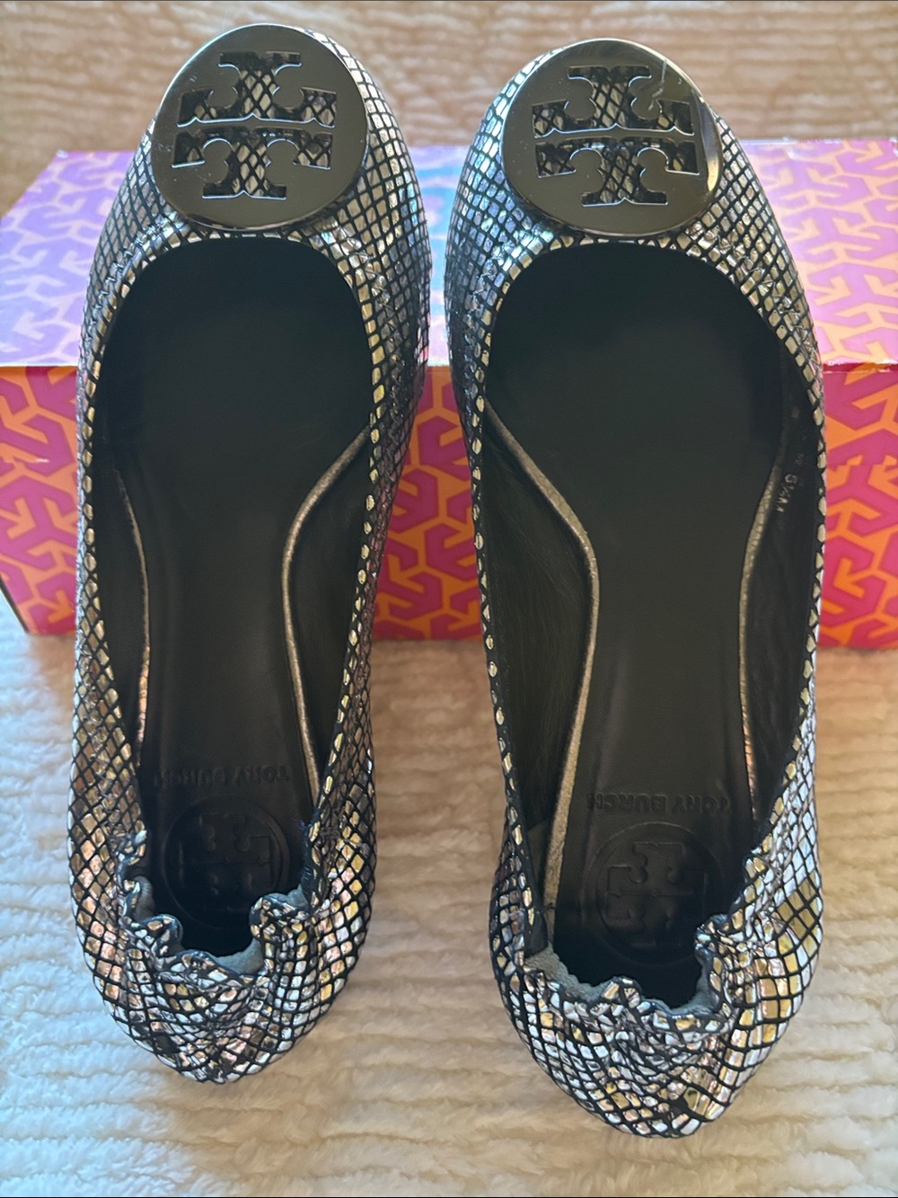 Tory Burch Pewter Reva Mirror Snake Print with Metal Logo